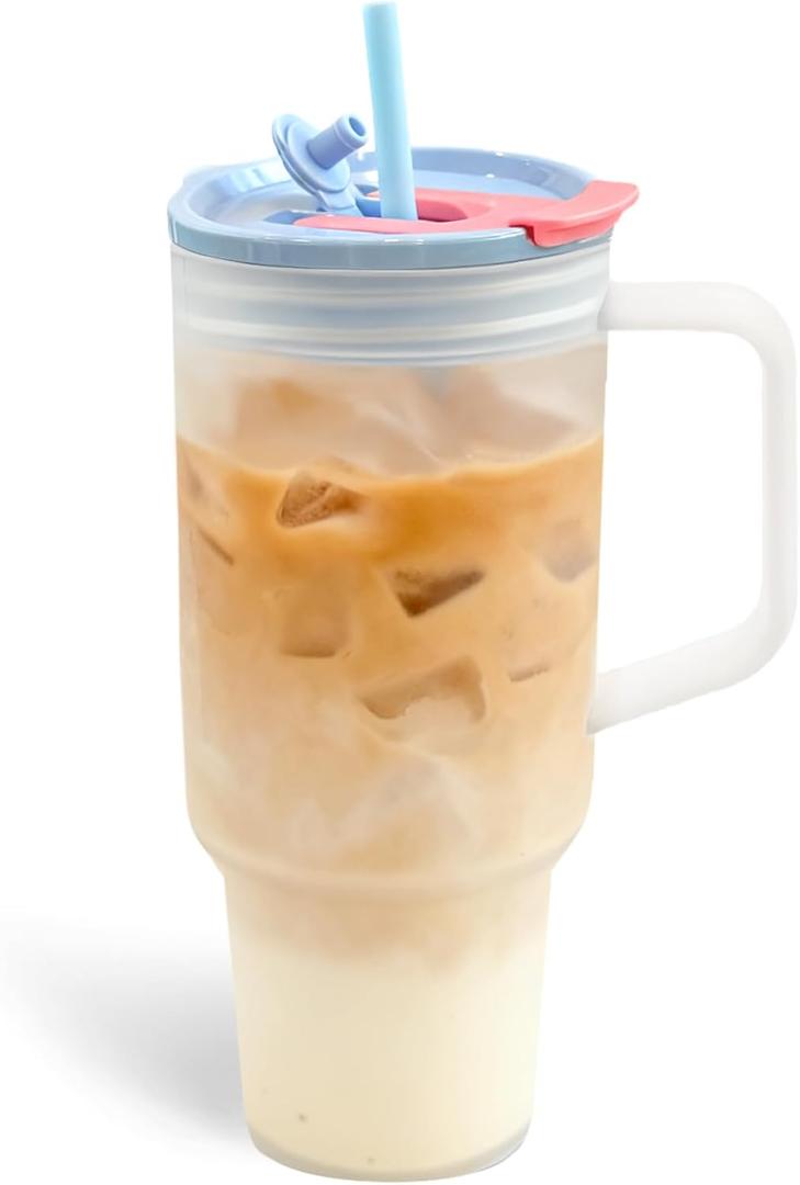 40oz Frosted Plastic Tumbler with Handle and Straw Lid, Reusable Large Iced Coffee Cup Travel Mug for Cold Drinks, Clear Acrylic Tumbler Cup for Smoothies, Tea, Juice, Office & Outdoor Use - Blue