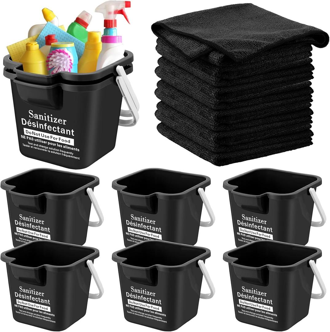 Vesici 6 Sets 3 Quart Cleaning Bucket with Microfiber Cleaning Cloths Small Sanitizing Square Bucket Detergent Plastic Utility Pail with Handle for Household Restaurant Office School Use (Black)