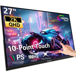 Prechen 27 Inch 2K QHD 100Hz Touchscreen Monitor 10 Point Multi Touch IPS Portable Display, 2560x1440 USB-C HDMI Laptop Monitor with Adjustable Stand & Speakers