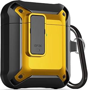 Wonjury Upgraded Armor [Secure Lock] Airpod Case, Shockproof AirPods Cover Cool Case Designed for Apple AirPod 2&1 Wireless Cases for Men Women (Black/ Yellow)