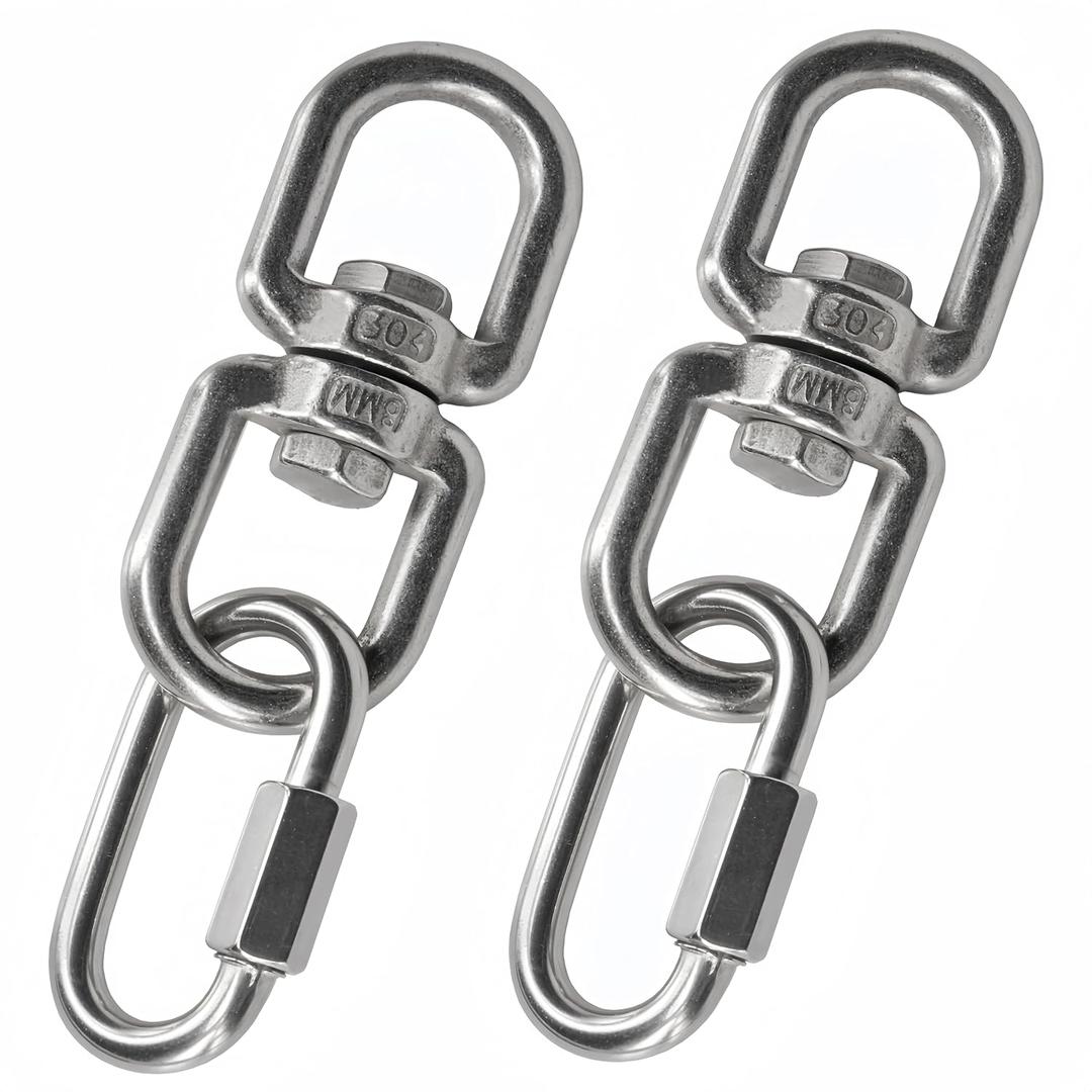 2PCS M8 Swivel Ring Double Ended Swivel Eye Hook with 2 Pcs Quick Link, Eye to Eye Swivel Shackle Ring Connector for Swing, Hanging Chair, Hammock, and Fitness Ropes Supplies (8mm)