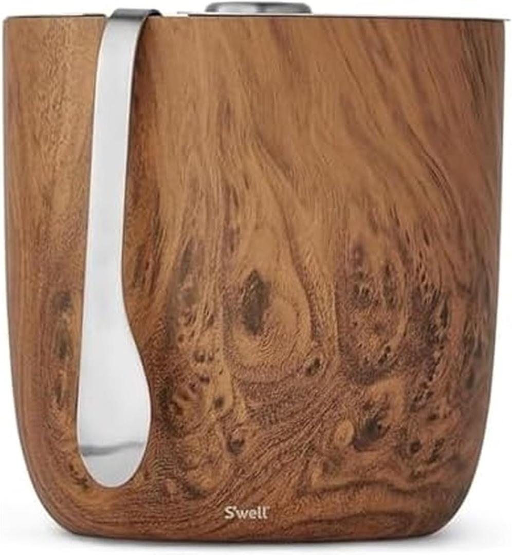 Swell Stainless Steel Ice Bucket with Tongs, 68oz Capacity, Teakwood Pattern Finish, Triple-Layer Vacuum Insulated to Keep Ice Colder Longer, BPA-Free Barware