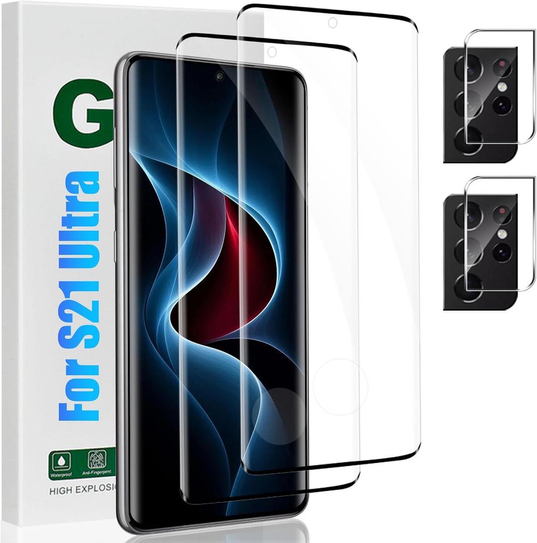 [2+2 Pack] Galaxy S21 Ultra Screen Protector and Camera Lens Protector, Fingerprint Unlock, HD Clear 9H Hardness Scratch Resistant, 3D Full Coverage Tempered Glass, For Galaxy S21 Ultra (6.8 Inch)