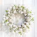White Wreath 20 Inch Winter Wreaths for Front Door Artificial Forsythia Wreath with White Berries for Winter Christmas Farmhouse Indoor Outdoor Porch Wall Window Decor