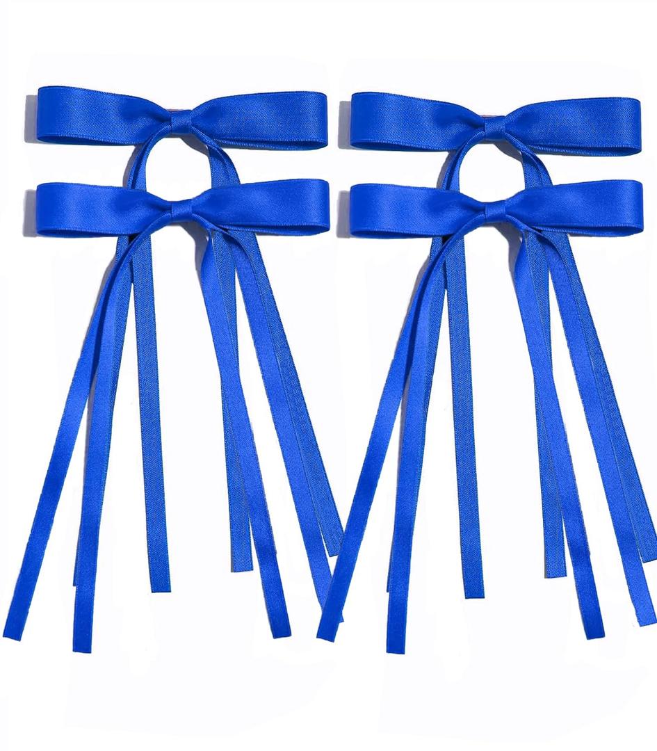 Ayesha Blue Hair Bows Clips Royal Blue Bow Hair Ribbon Bowknot with Long Tail Blue Bows Barrettes Hair Accessories for Women Girls 4PCS
