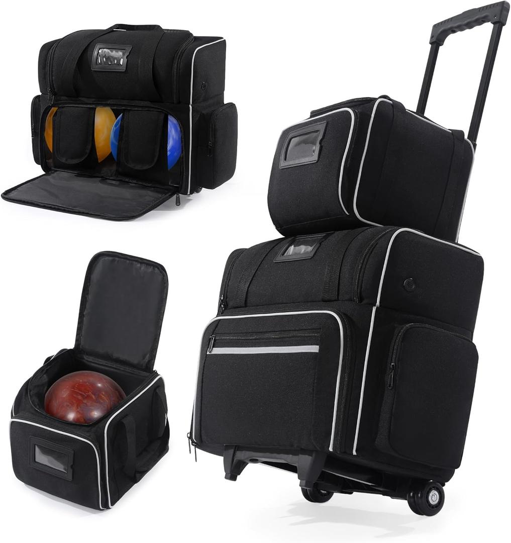 BALAPET Stable 3 Ball Bowling Bags with Wheels, Portable Bowling Bag 3 Ball Roller with Separate Shoe Compartment and Accessory Pocket, Add On Tote and Pushable Roller
