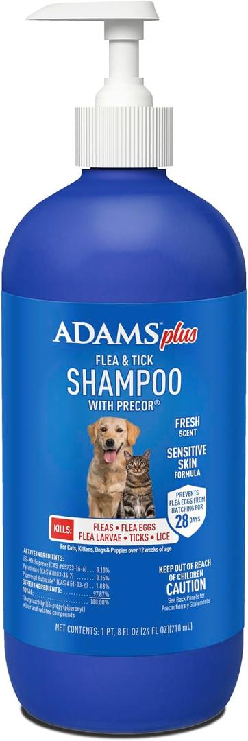 ADAMS Plus Flea & Tick Shampoo with Precor for Dogs, Cats, Puppies & Kittens, Flea Shampoo to Treat Flea Infestations, Kills Ticks, Fleas, Flea Eggs & Lice, Cleans and Conditions Coat, 24 Ounces