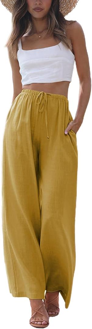Faleave Women's Cotton Linen Summer Palazzo Pants Flowy Wide Leg Beach Trousers with Pockets (Yellow, S)