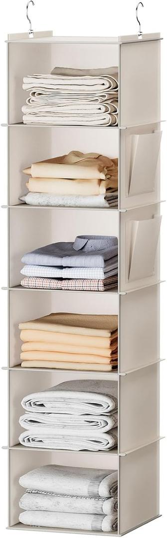 YOUDENOVA Hanging Closet Organizer, 6-Shelf Closet Hanging Storage with Side Pockets, Beige | with Side Pockets