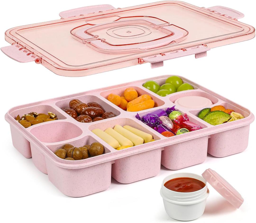 Caperci Snackle Box Container - Large 10-Compartment Divided Serving Tray with Lid and Handle, Built-in 2 Dip Containers, Dishwasher Safe, Leak-Proof, Wheat Straw, BPA-Free (Pink)