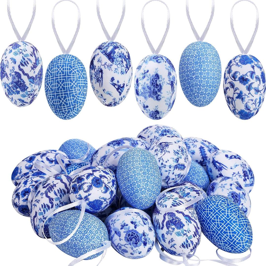 Wenqik 24 Pcs Easter Hanging Egg Chinoiserie Blue and White Floral Foam Porcelain Easter Egg Bulk for Tree Ornament for Basket Bowl Vase Filler Home Spring Party Decoration 1.57 x 2.36 in