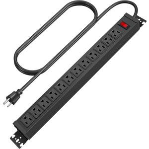 HHSOET Rotating Mountable Power Strip, 12 Outlet Wall Mount Surge Protector, Metal Heavy Duty and Versatile Outlet Strip, Stylish Appearance, Sturdy and Durable, 15ft Power Cord.(Black)