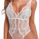 Garmol Women Lingerie Lace Bodysuit Deep V Neck Dobby Mesh Body Suits Teddy (White, M)