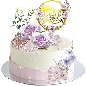 19 PCS Flower Cake Toppers Butterfly Cake Decorations Happy Birthday Cake Toppers with Artificial Purple Rose Flowers Pea Blossoms Butterflies for Women Birthday Wedding Party Supplies