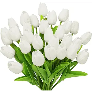 White Flowers Artificial Tulip Stems Real Feel PU Tulips for Easter Spring Wreath Wedding Bouquet Centerpiece Floral Arrangement Cemetery Table Décor 13" Tall