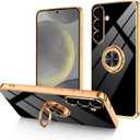 Dinick for Samsung Galaxy S25 Case with Ring Holder Kickstand, Soft TPU Gold Plated Cover, Anti-Scratch Shockproof Protection, Slim Magnetic Stand Case for Samsung Galaxy S25, Black