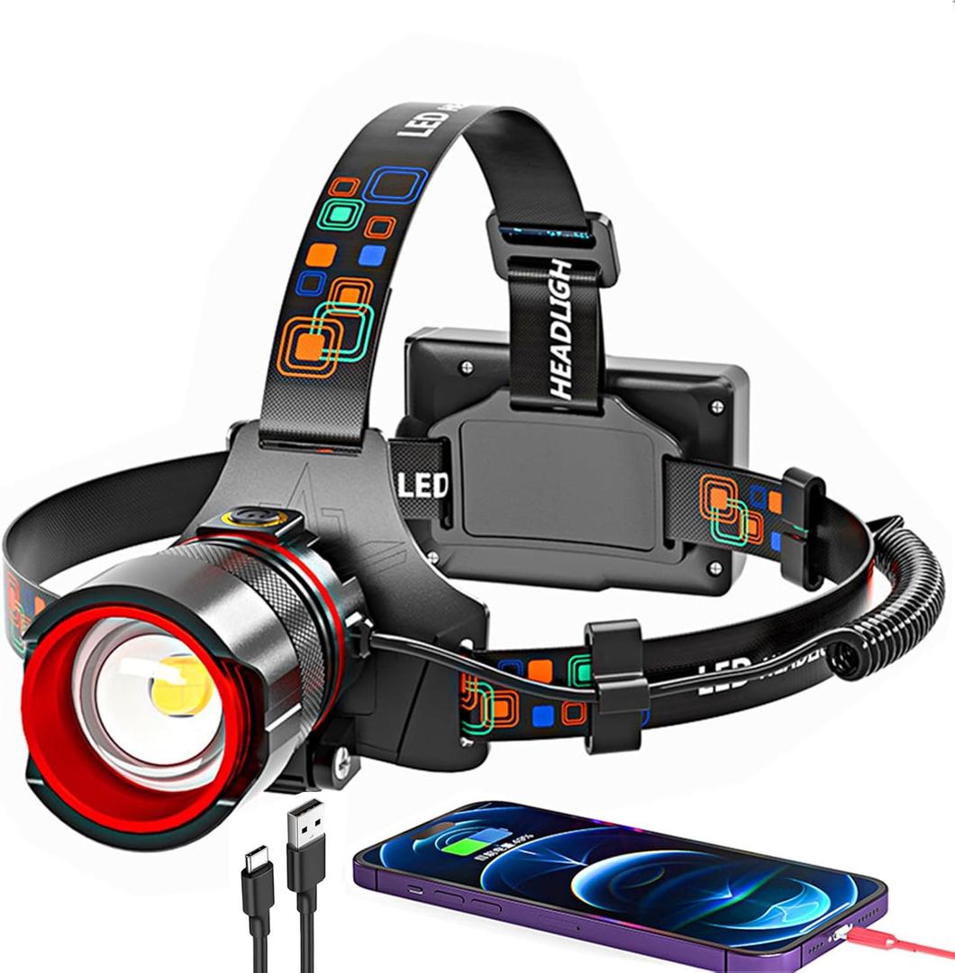 Headlamp Rechargeable 90000 Lumens Ultra Bright Head Lamp Super Bright Hard Hat Light Zoomable IPX54 Headlight Camping Accessories 6 Modes Waterproof Headlight Camping Gear for Adults Cycling Running