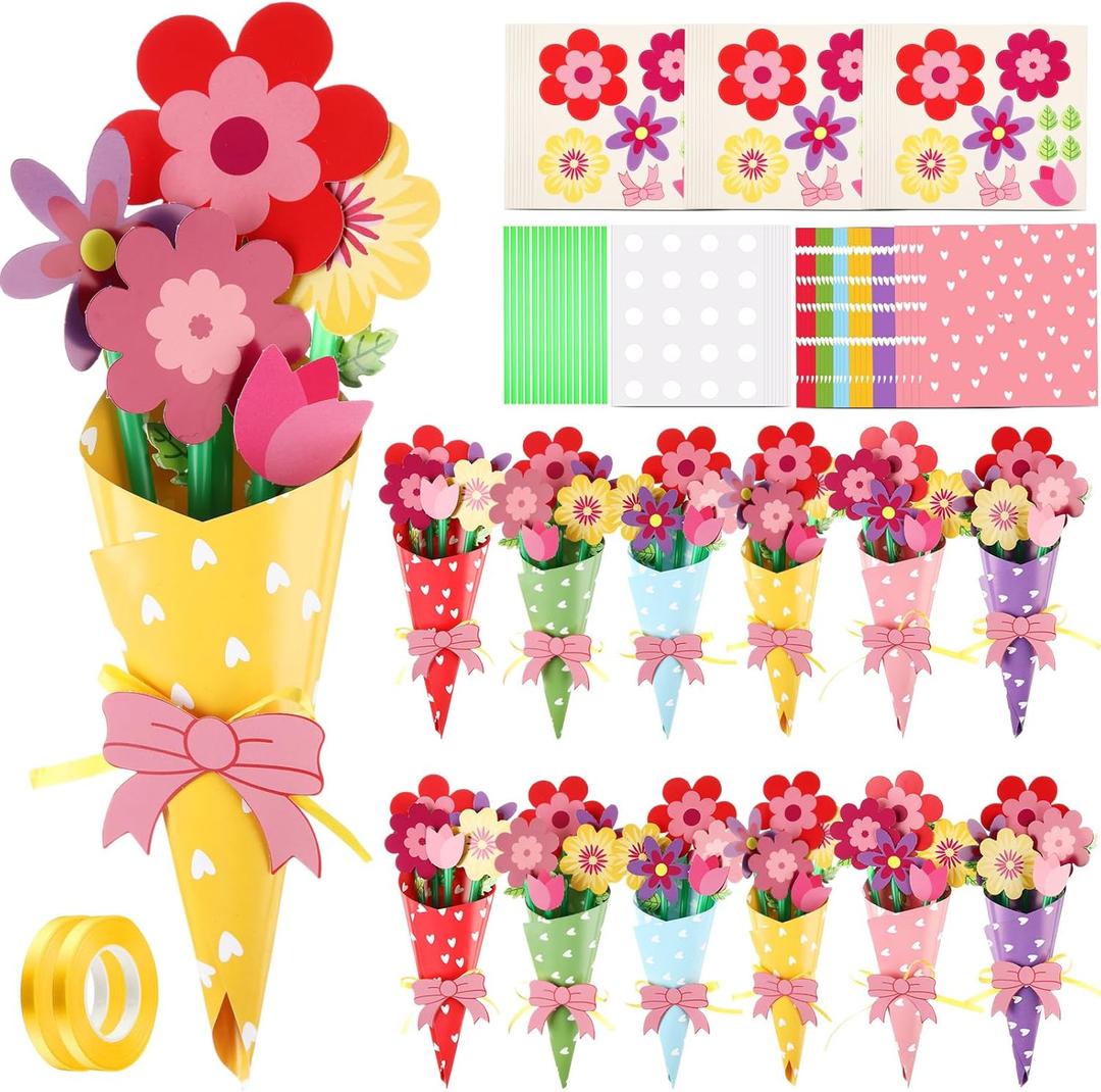 Motipuns 24 Sets Flower Bouquet Craft Kit DIY Make Your Own Bunch of Flowers Mother's Day Teacher Appreciation Week DIY Thankful Gift Craft Home Fun Activities (Multicolor,Rose)