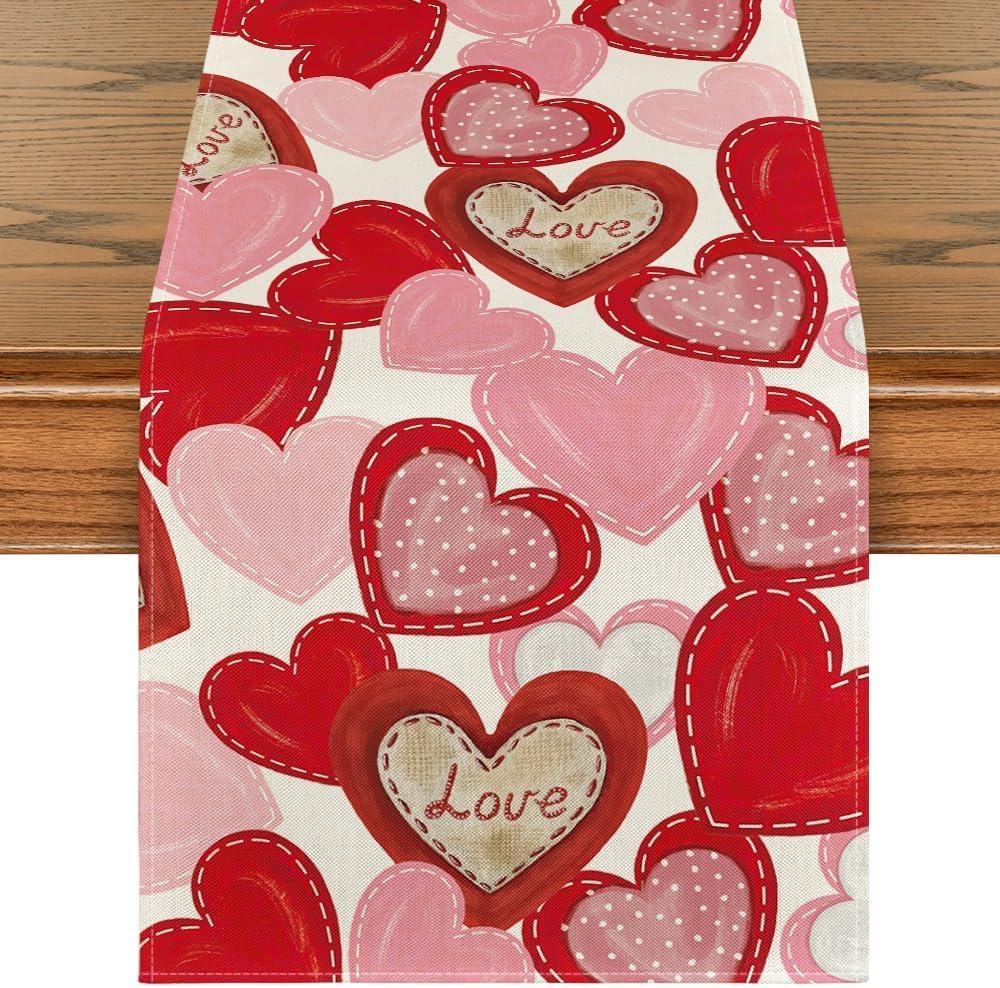 Artoid Mode White Pink Love Heart Valentine's Day Table Runner, Holiday Anniversary Kitchen Dining Table Decoration for Home Party Decor, 13" x 72", Table Runner, White