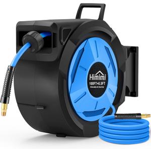 Retractable Air Hose Reel, 3/8" x 100 Ft Hybrid Hose Air Compressor Hose Reel with 6.5 Ft Lead-in Max 300 PSI, Air Hose with Any Length Lock, Automatic Rewind, 180 Swivel Bracket, Quick Coupler