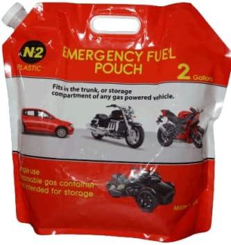 2 Gallon Gas Pouch (Foldable-Expandable gas pouch, holds 2 Gallons of gas) fits in the palm of your hand. Fits in the storage compartment of a motorcycle or glove box of a car.