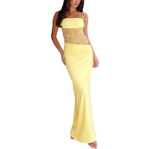 Women Sexy Lace Patchwork Maxi Dress Spaghetti Straps Y2K Sheer Long Bodycon Club Cocktail Long Dresses (Small, Yellow)