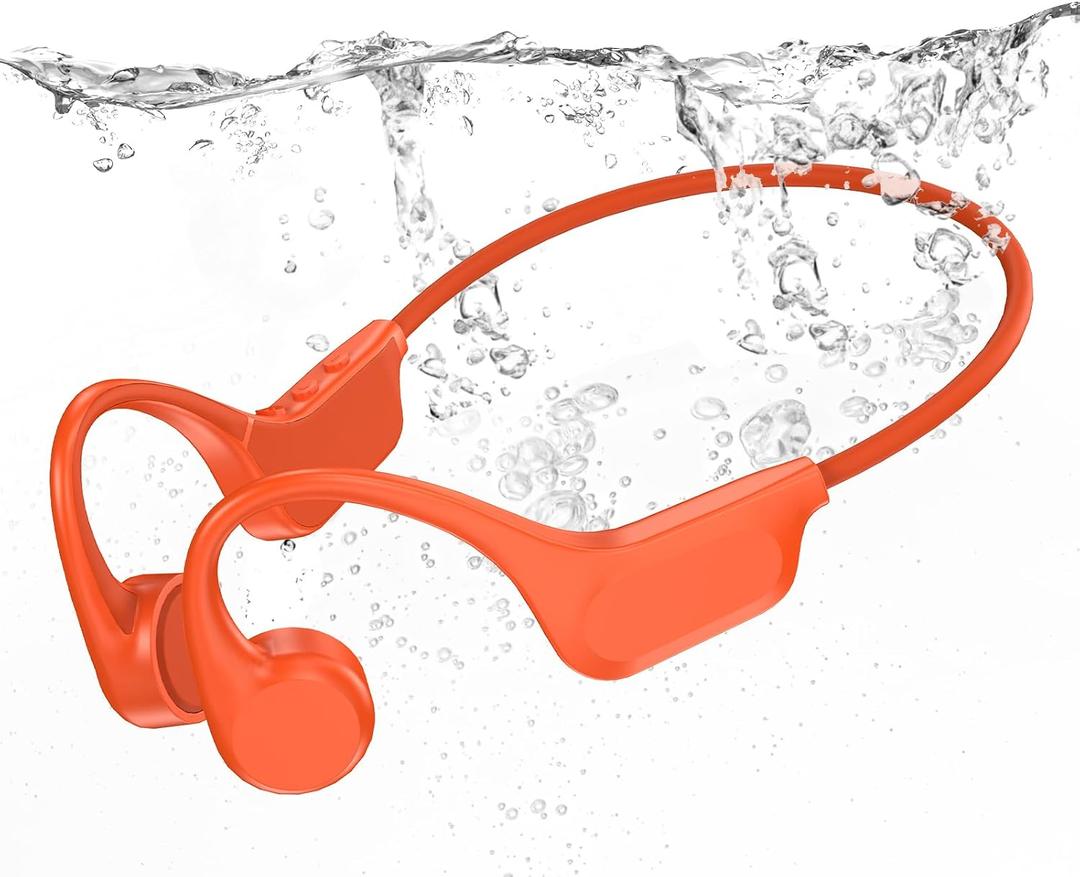 IP68 Waterproof Swimming Headphones, Bone Conduction Bluetooth 6.0 Headphones, Built-in 32GB MP3 Player, Soft Lightweight Open-Ear Design for Swimming Marathons Showers Cycling(Orange
