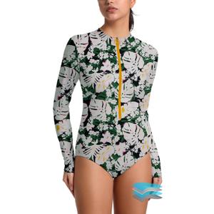 Beautikini Period Swimwear for Teens Long Sleeve One Piece Swimsuit UPF50+ Rash Guard Bathing Suit for Girls,Women (Small, Dark Green Leaf)