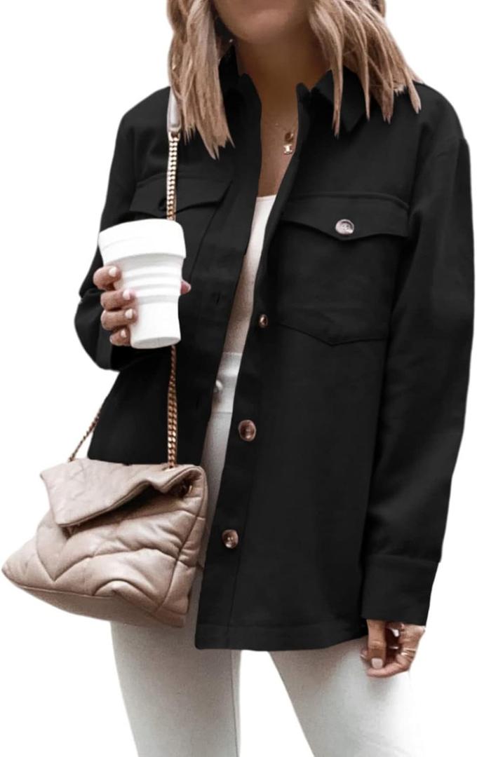 Cnkwei Shacket Jacket Women Button Down Shirt Jacket Casual Long Sleeve Shacket with Pockets (Black, L)