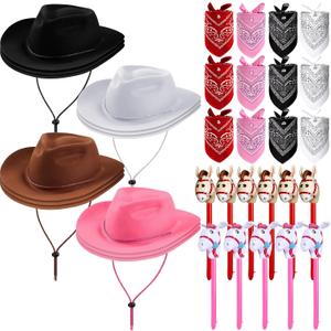 Xtinmee 36 Pcs Cowboy Party Costume Set, Cowboy Hats Paisley Bandanas Inflatable Stick Horses Kids Party Supplies