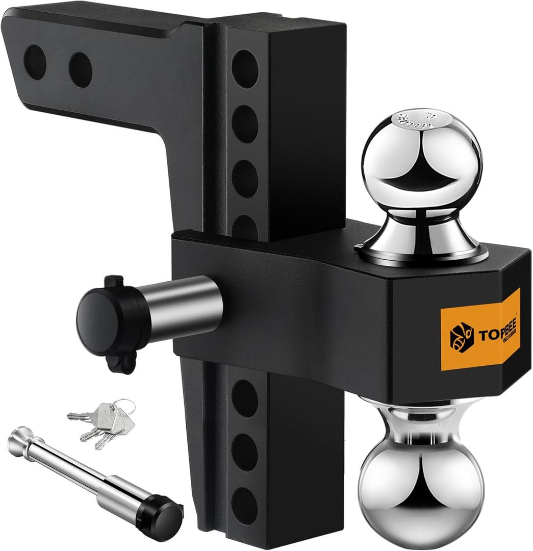 Tow Hitch- Fits 2.5'' Receiver Only, 8'' Drop/Rise Drop, Dual Ball (2'' X 2-5/16''), Adjustable Aluminum Trailer Hitch for Heavy Duty Truck -18,500 Gtw with Trailer Locks (Black)