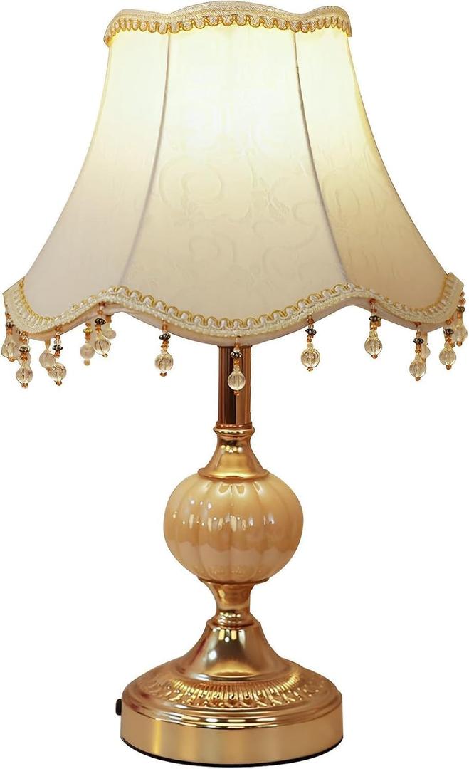 Classical Tiffany European Style Table Lamp Fabric Drum Shade and Gold Base American Decor Classic Bedside Desk Nightstand Table Lamp for Bedroom Living Room, 10.22"D x 10.22"W x 16.5"H