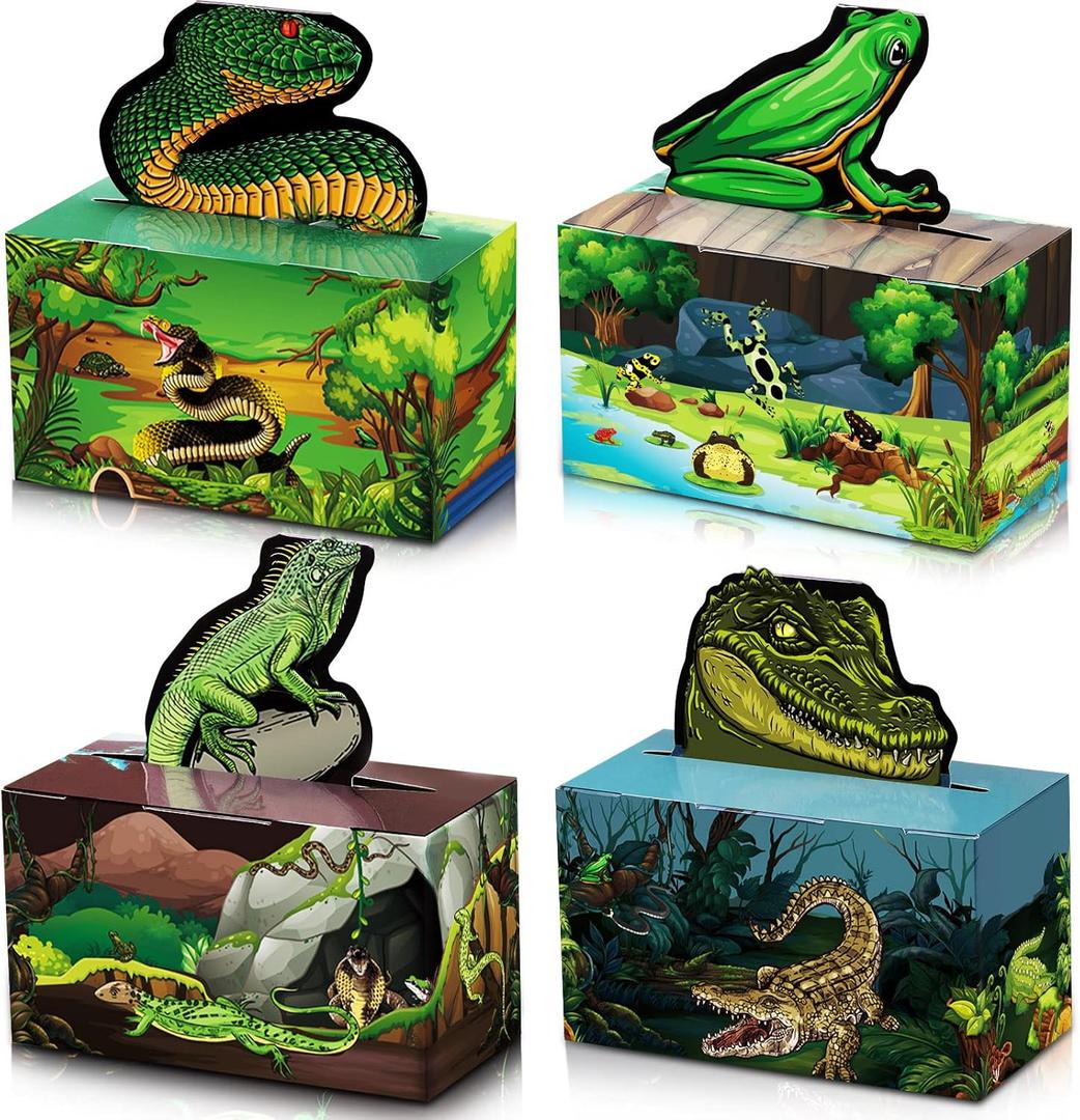 Nezyo 24 Pcs Reptile Party Favor Reptile Party Bags Snake Birthday Decorations Lizard Frog Crocodile Boxes for Jungle Baby Shower Birthday, 4. 8 x 2. 4 x 6. 3 Inch