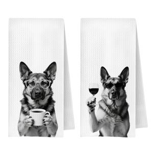 JWERBENPEY German Shepherd Wine Coffee Kitchen Towels Decorative, German Shepherd Gifts, Wine and Coffee Lovers Drinkers Gifts, Dog Dish Hand Tea Towels for Kitchen, 16x24 Inch Set of 2