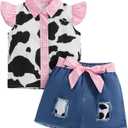 Toddler Cowgirl Outfit Girl Denim Skirt Set Cow Print Shirt Button Down Top and Skirt Kids Jeans Set Western Clothes 5-6Y