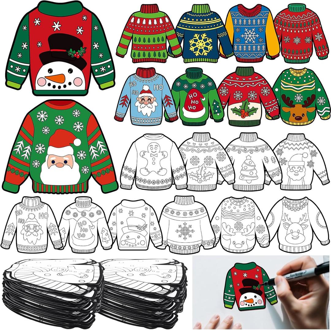 Simgoing 40Pcs Christmas Fuzzy Velvet Coloring Posters Christmas Crafts DIY Project Xmas Fuzzy Felt Coloring Arts Xmas Snowman Gingerbread Posters for Family Craft Gifts Party Favor(Ugly Sweater)