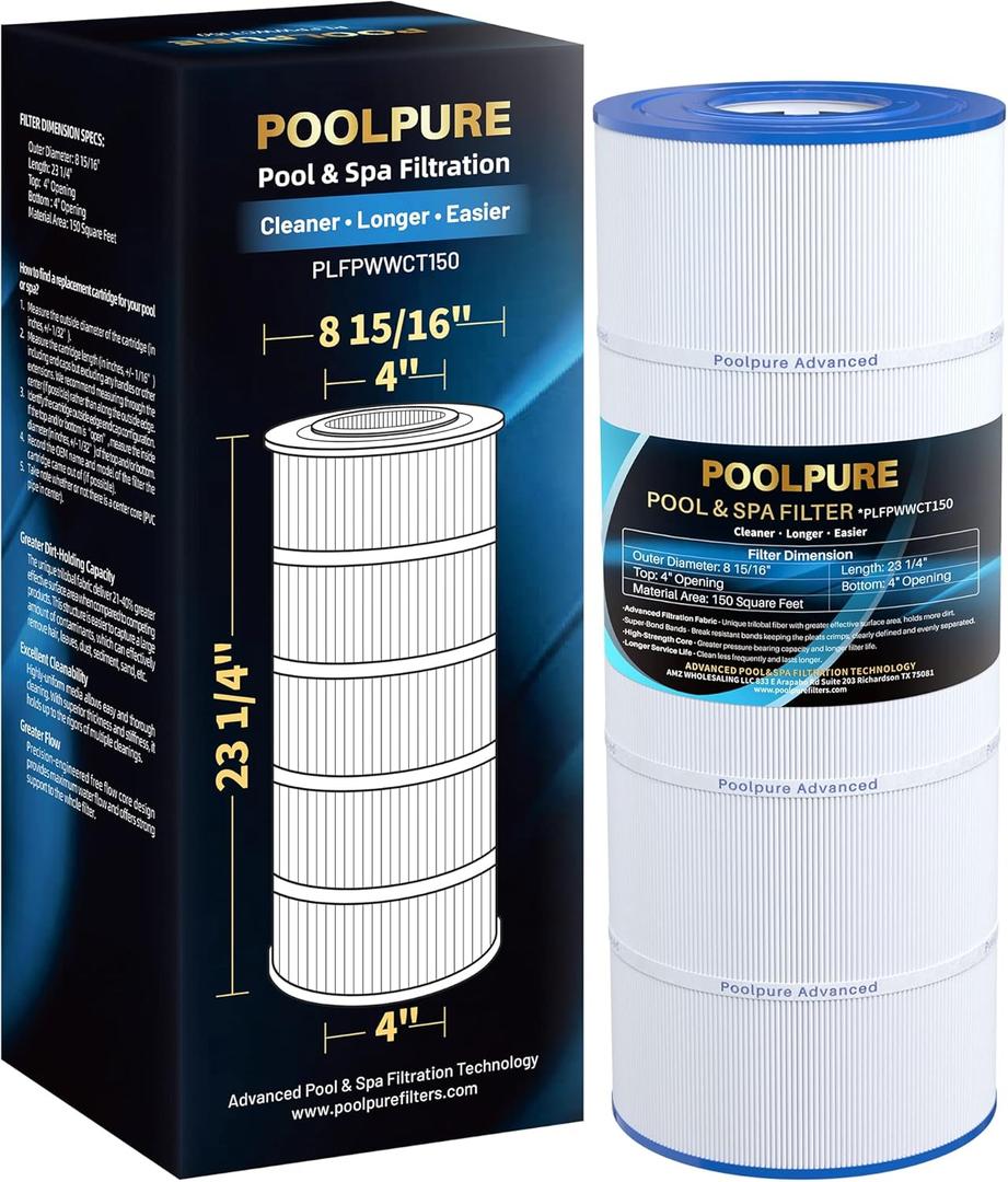 POOLPURE PLFPWWCT150 Pool Filter Replaces PWWCT150, Ultral-B3, Clearwater II ProClean 150, 817-0150N, Unicel 8414, Filbur FC-1287, SD-00210, 150 Sq.ft Filter Cartridge (1 Pack)
