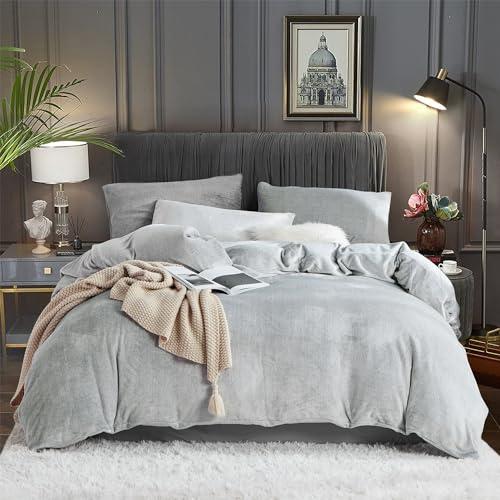 YASMENG Fluffy Velvet Duvet Cover Set Light Grey Twin Size Fall Winter Soft Warm Flannel Comforter Cover Silver Gray 68" x 90" Luxury Cozy Plush Fleece Reversible Bedding Duvet Cover Set Gray 2pc