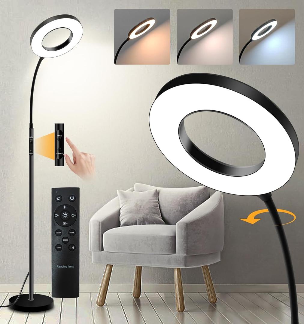 LED Reading Floor Lamp with Remote & Touch Control, Bright Adjustable Gooseneck Lamp for Living Room Bedroom Office, Eyelash Extensions tattooing Light,Timer,2700K-6500K