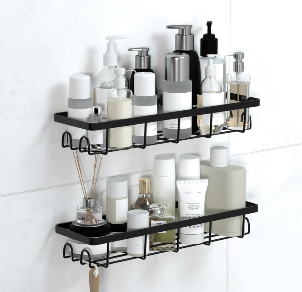 Uninol Shower Caddy Organizer with Hooks,Self Adhesive Bathroom Shelves,No Drilling Bathroom Organizers and Storage,Perfect for RV, Apartment, Home Decor,2 Pack Black