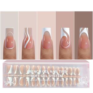 2 x Jsiallye 150Pcs French Tip Press on Nails,5 Style French Tip Soft Lines Press On Nails Long Square,No Need to File 4 in 1 Gel Nail Tips Pre-lasting,Soak off False Nail Tips for Women 15 Size