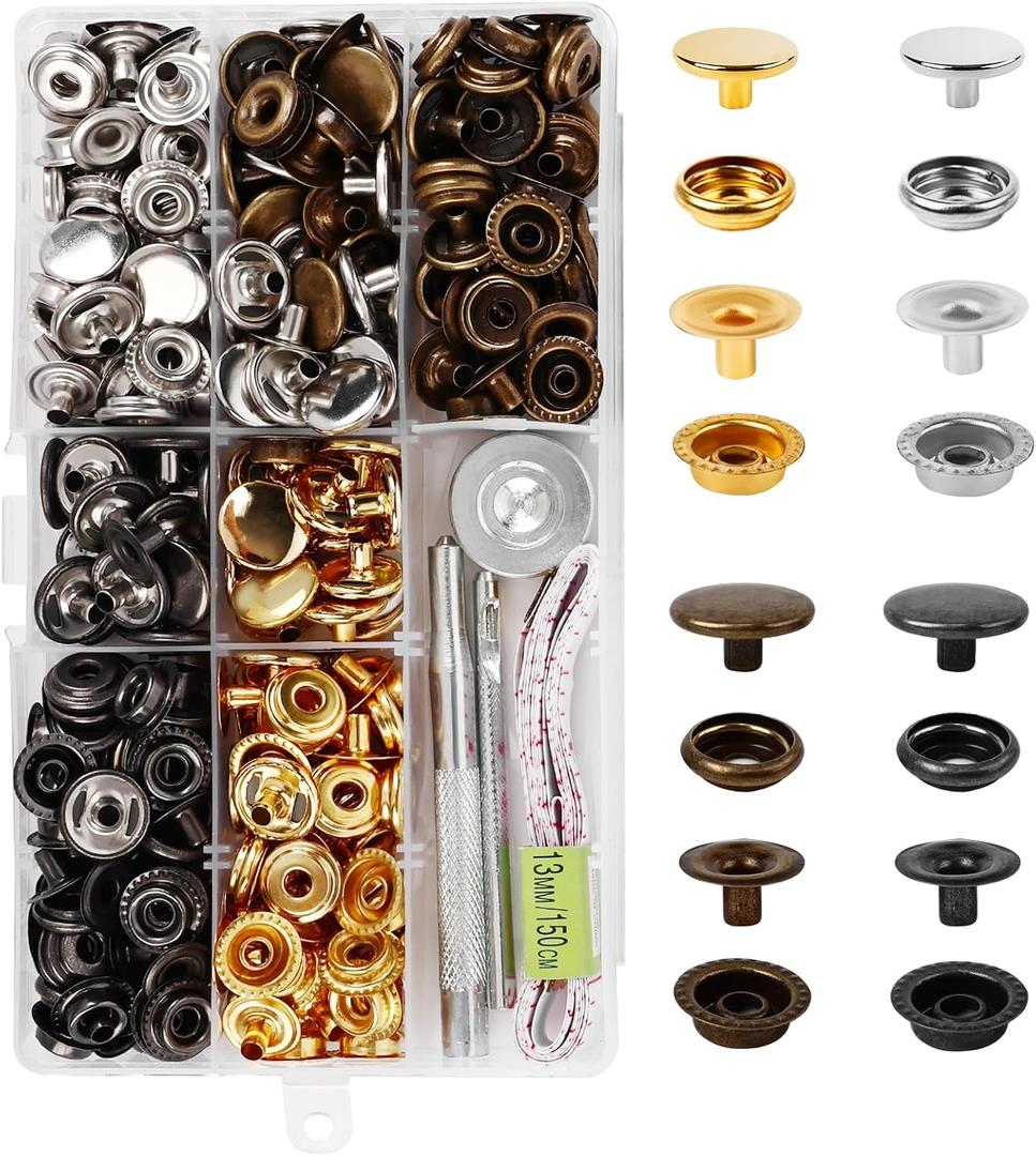320 Pcs Stainless Steel Snap Button Kit, 15mm Heavy Duty Snap Button Press Studs Cap with 3 Setter Tool & 59'' tape measure, Snap Fastener Kit for Fabric Bag Leather Clothes Boat Canvas (80Set/4Color)