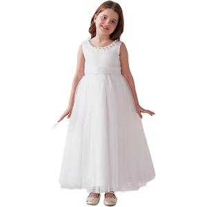 LalaMira First Communion Dress Satin/Tulle Floor-Length Flower Girl Dresses with Pearl for Wedding Ball-Gown Garden Party 130 White