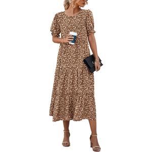 PRETTYGARDEN Summer Dresses for Women 2025 Casual Floral Boho Midi Sun Dress Puff Short Sleeve Flowy Beach Vacation Sundress (Small, Coffee Apricot Leopard)