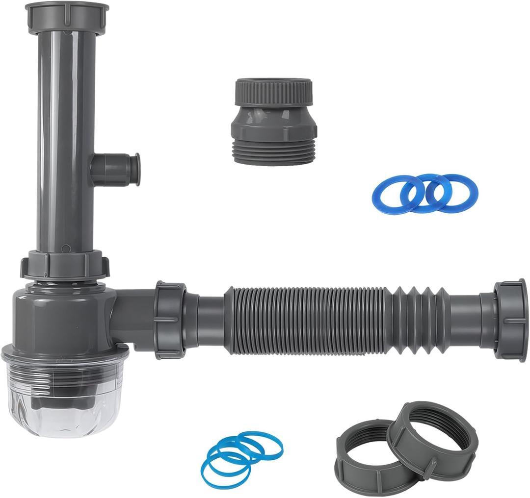 1-1/4" & 1-1/2" PVC Bottle Trap Plumbing Kit with Threaded AdapterAdjustable P-Trap Replacement with Flexible TailpieceUnder Sink Drain Kit for Bathroom, Kitchen, Bar & RV