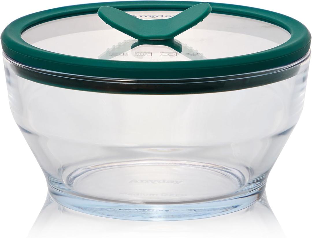 Anyday 4-Cup Glass Food Storage with Glass Lid, Round Deep Dish | Plastic-Free Meal Prep & Microwave Cookware | Stackable Airtight Storage Container with Vented Lid for Microwave-Safe Reheating (Clear - Kale)