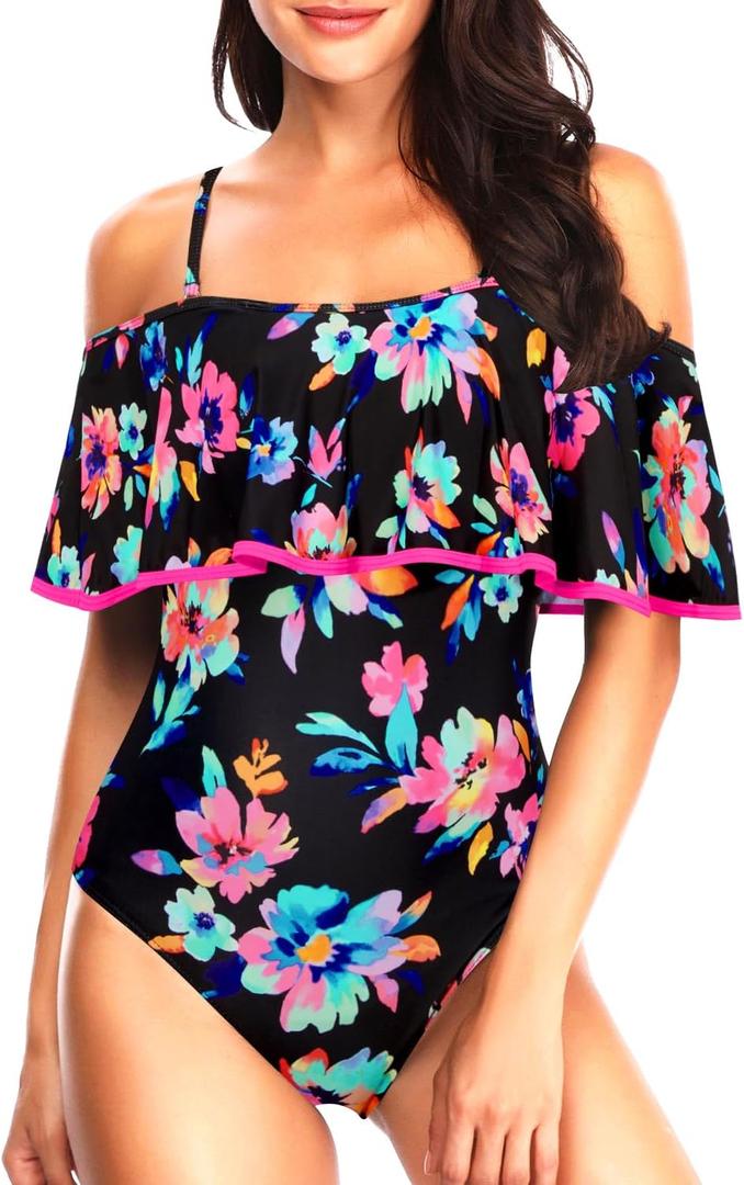Tempt Me Women's One Piece Swimsuit Vintage Off Shoulder Ruffled Bathing Suits (X-Large, Pink Colorful Floral)