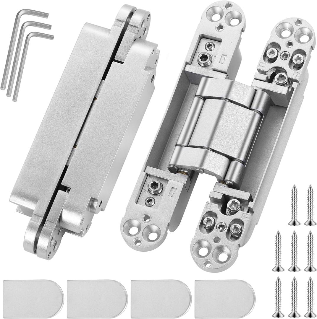 6 Inch Invisible Door Hinges (2 Pack), 3D Adjustable Hidden Door Hinges for Doors, 180 Degree Swing Heavy-Duty Zinc Alloy Concealed Hinge, 88 lbs Load-Bearing, Brushed Silver Finish