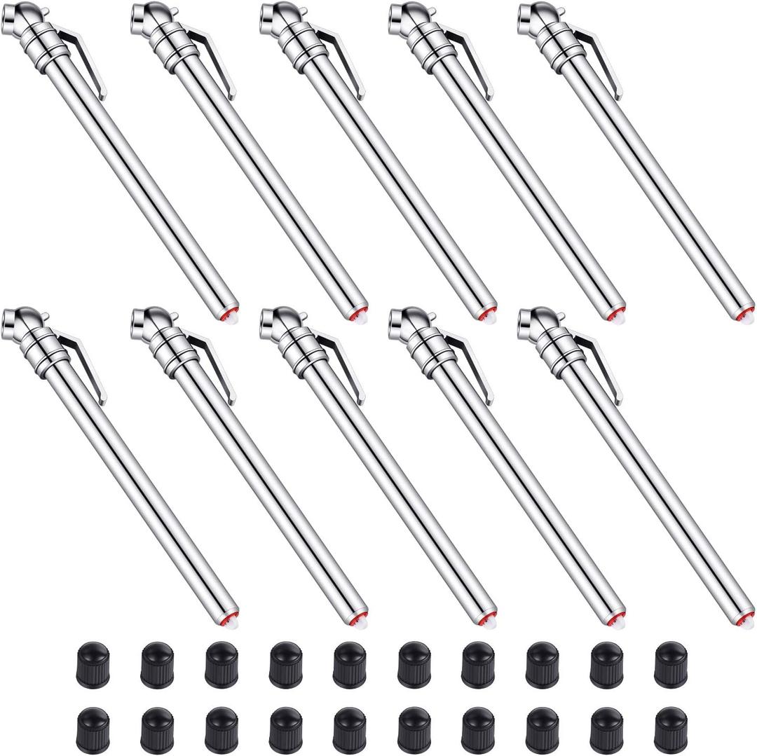 10 Pieces Pencil Tire Pressure Gauge Stainless Steel Stem Tire Pressure Gauge Accurate Mechanical Wheel Checker with 20 Pieces Tire Stem Valve Caps for Car Truck Motorcycle Bike