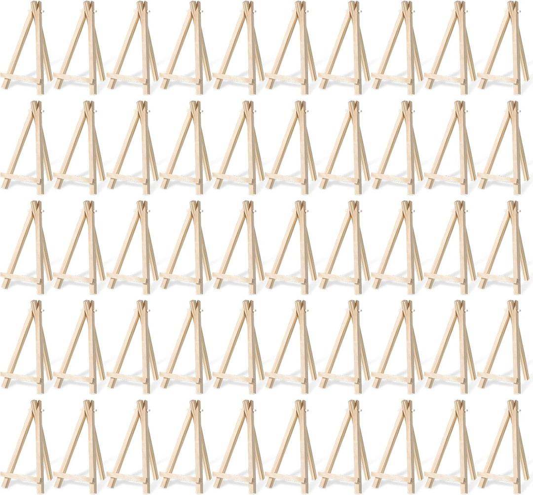 50 Pack 6 Inch Mini Wood Display Easel, Natural Wooden Mini Easel Artist Stand Wood Artist Tabletop Canvas Stand for Painting Arts Crafts Easels for Display Cards Photos Phone Stands